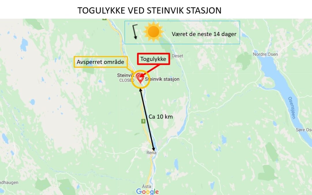 kart over innlandet med fiktivt togulykke markert